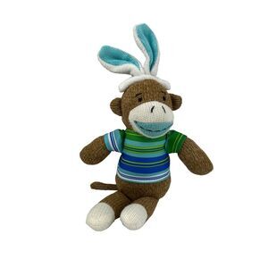SOCK MONKEY Plush Stuffed Animal Bunny Ears Blue Striped Shirt Easter Toy